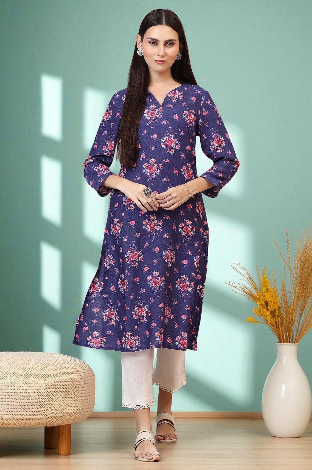 W for Woman Purple Floral Printed Straight Kurta with Lace