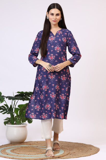 W for Woman Purple Floral Printed Straight Kurta with Lace
