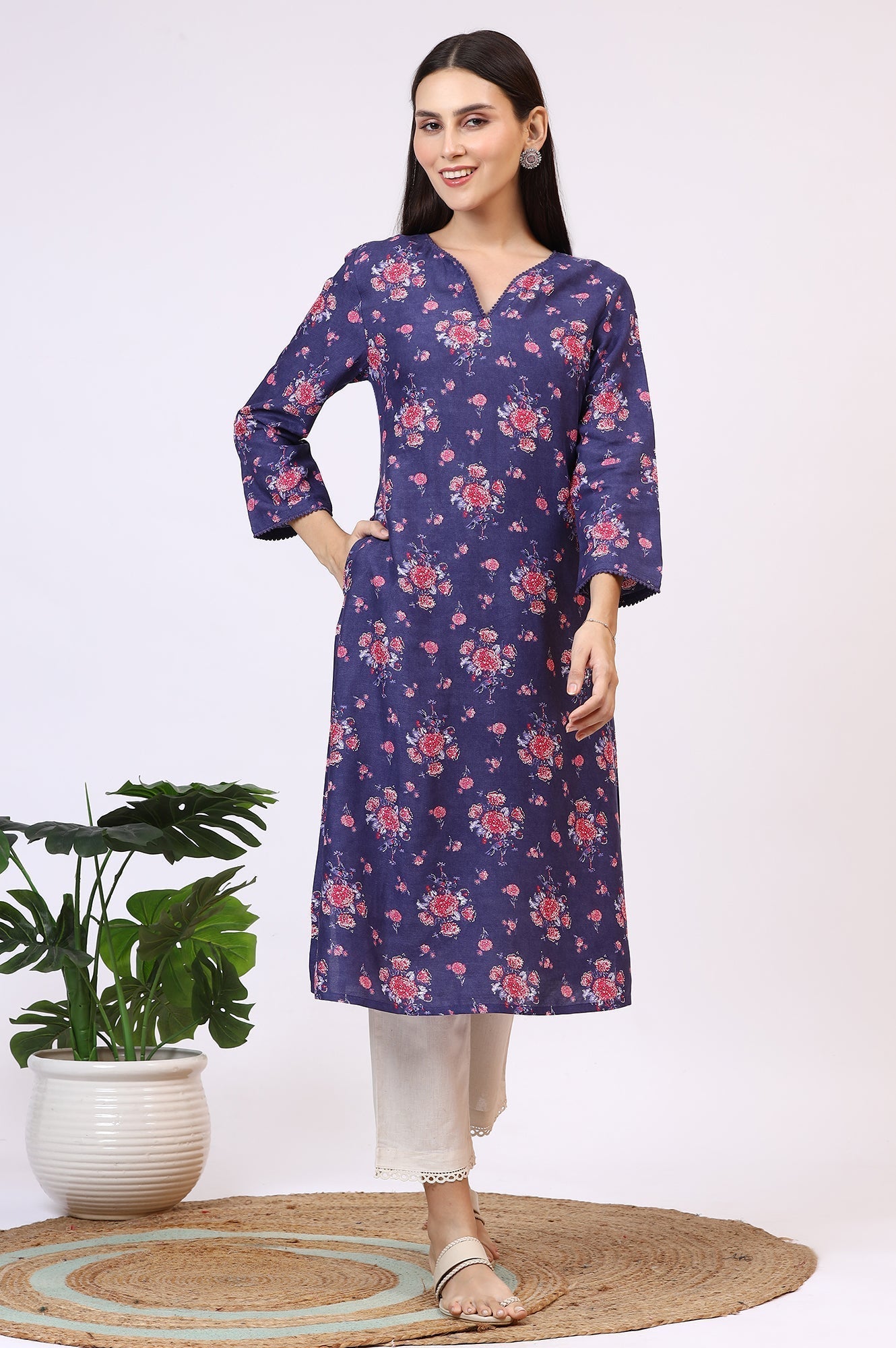 W for Woman Purple Floral Printed Straight Kurta with Lace