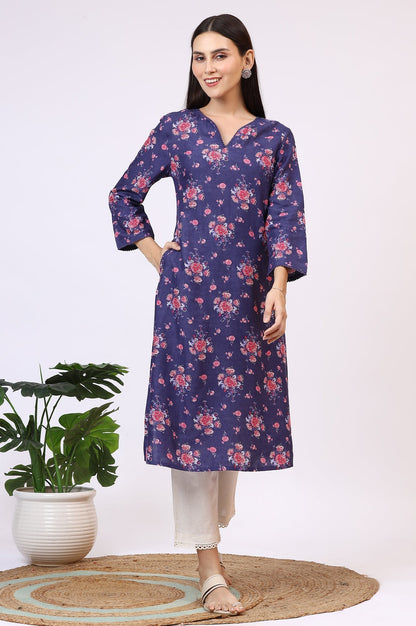 W for Woman Purple Floral Printed Straight Kurta with Lace