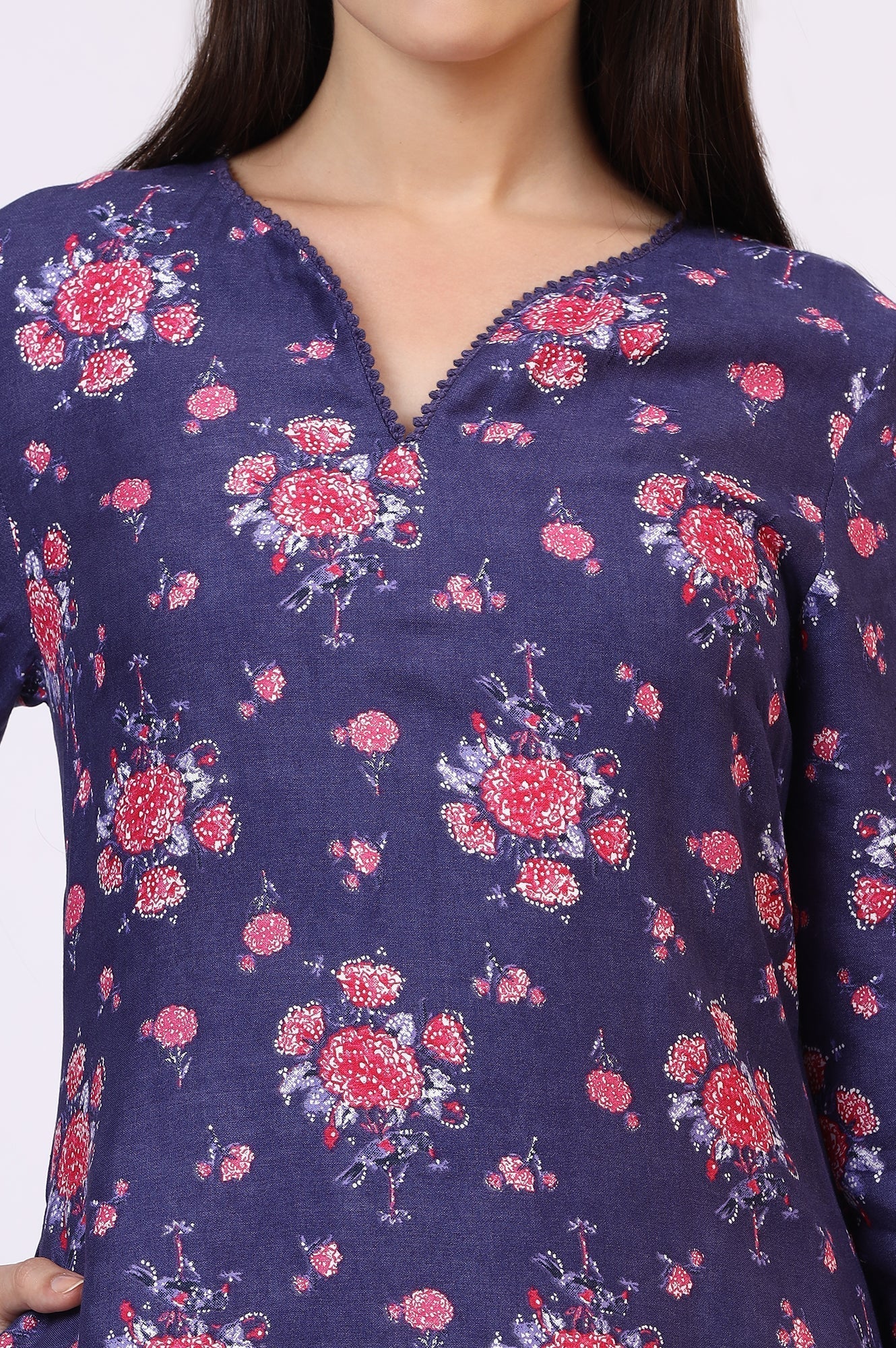 W for Woman Purple Floral Printed Straight Kurta with Lace