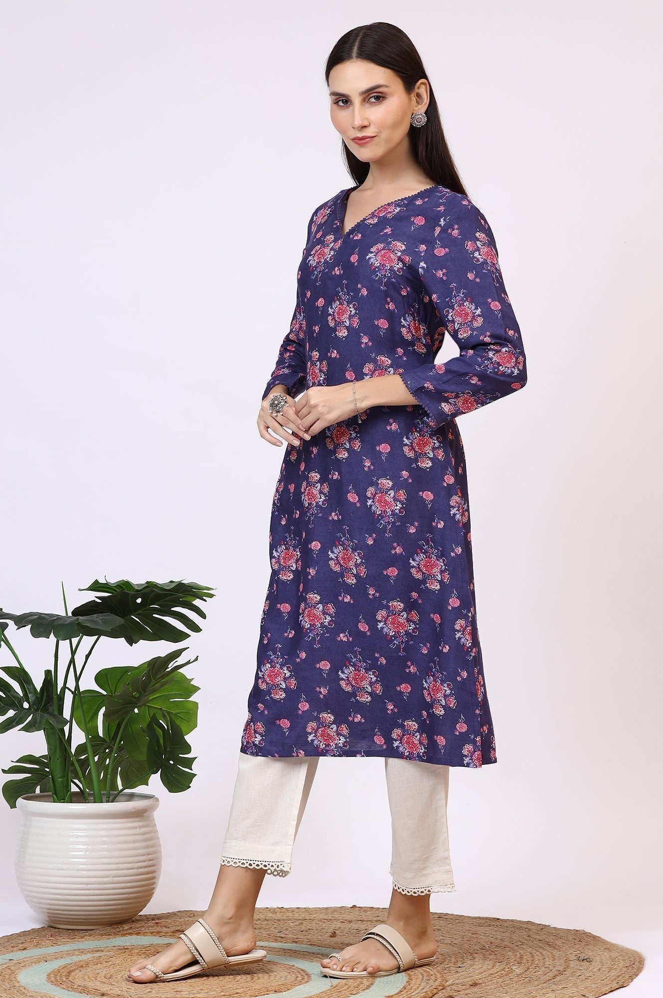 W for Woman Purple Floral Printed Straight Kurta with Lace
