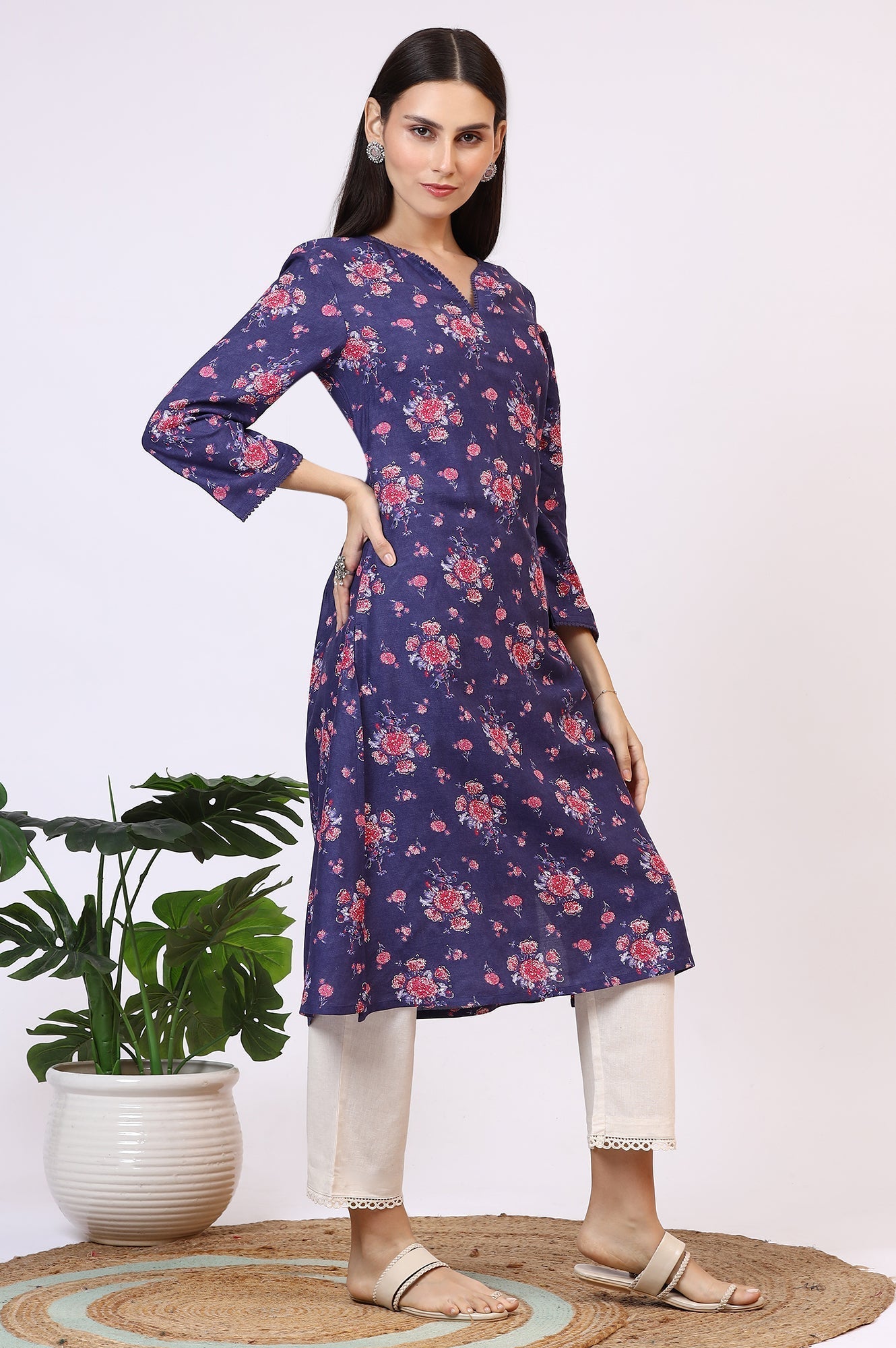 W for Woman Purple Floral Printed Straight Kurta with Lace