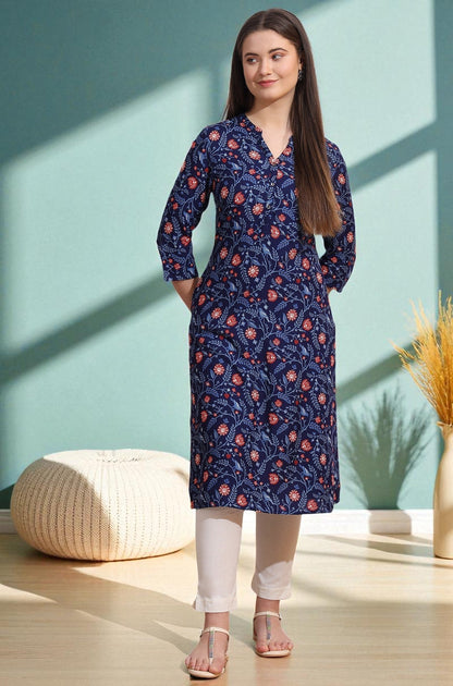 W for Woman Blue Bold Floral Printed Cotton Cambric Straight Kurta