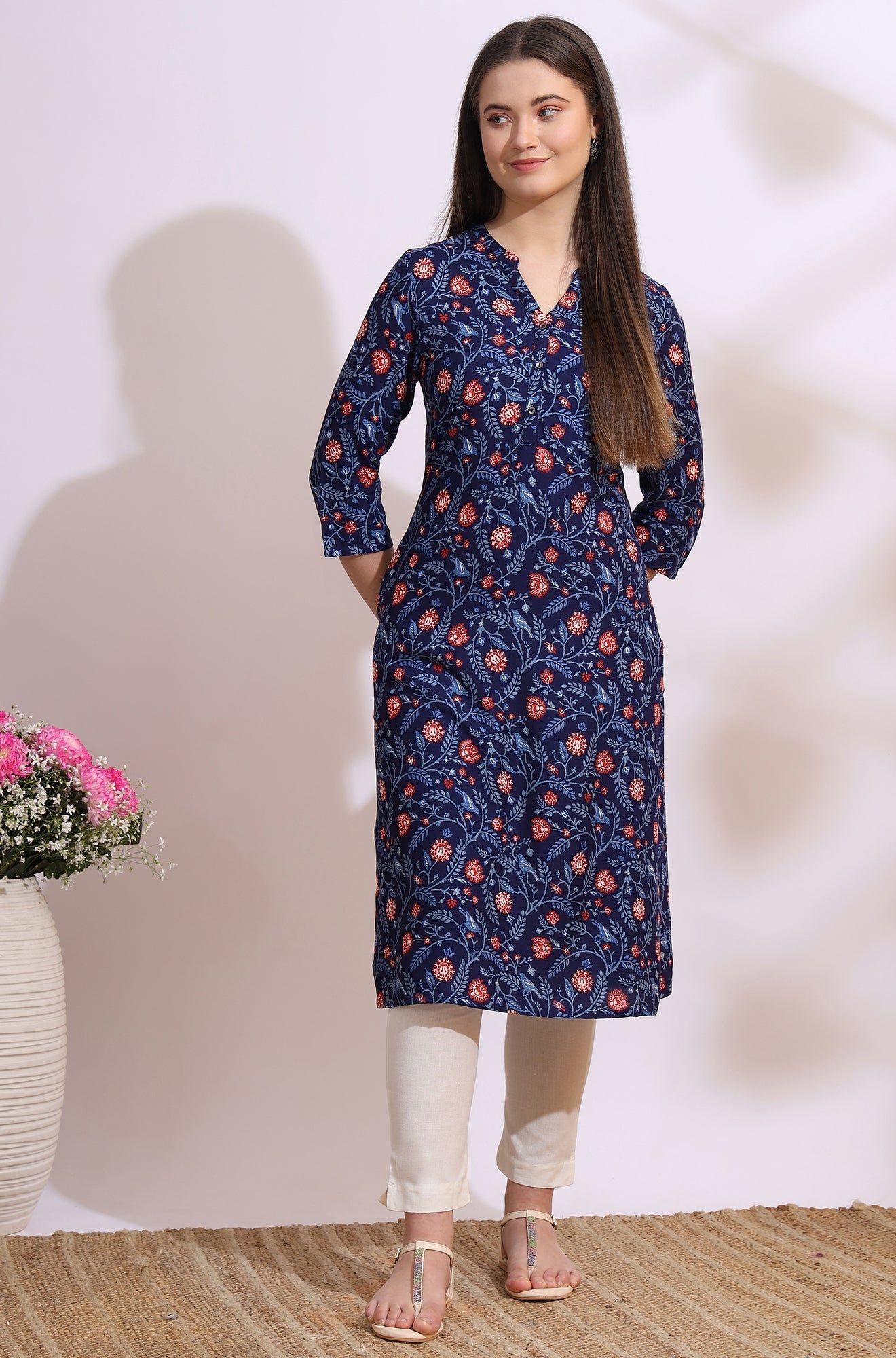 W for Woman Blue Bold Floral Printed Cotton Cambric Straight Kurta