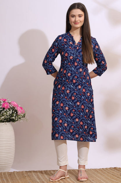 W for Woman Blue Bold Floral Printed Cotton Cambric Straight Kurta