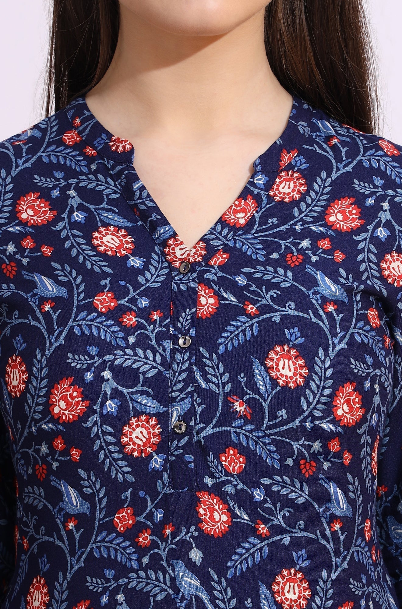 W for Woman Blue Bold Floral Printed Cotton Cambric Straight Kurta