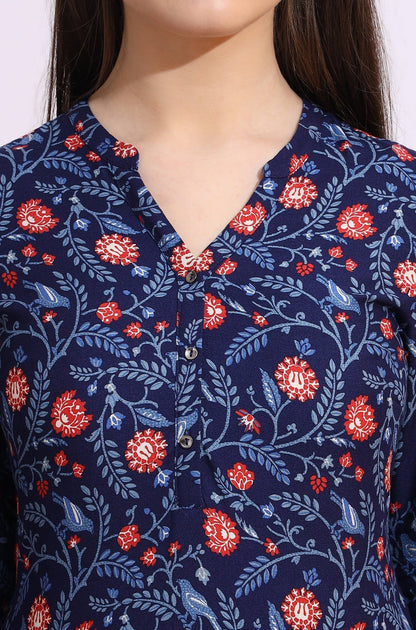 W for Woman Blue Bold Floral Printed Cotton Cambric Straight Kurta