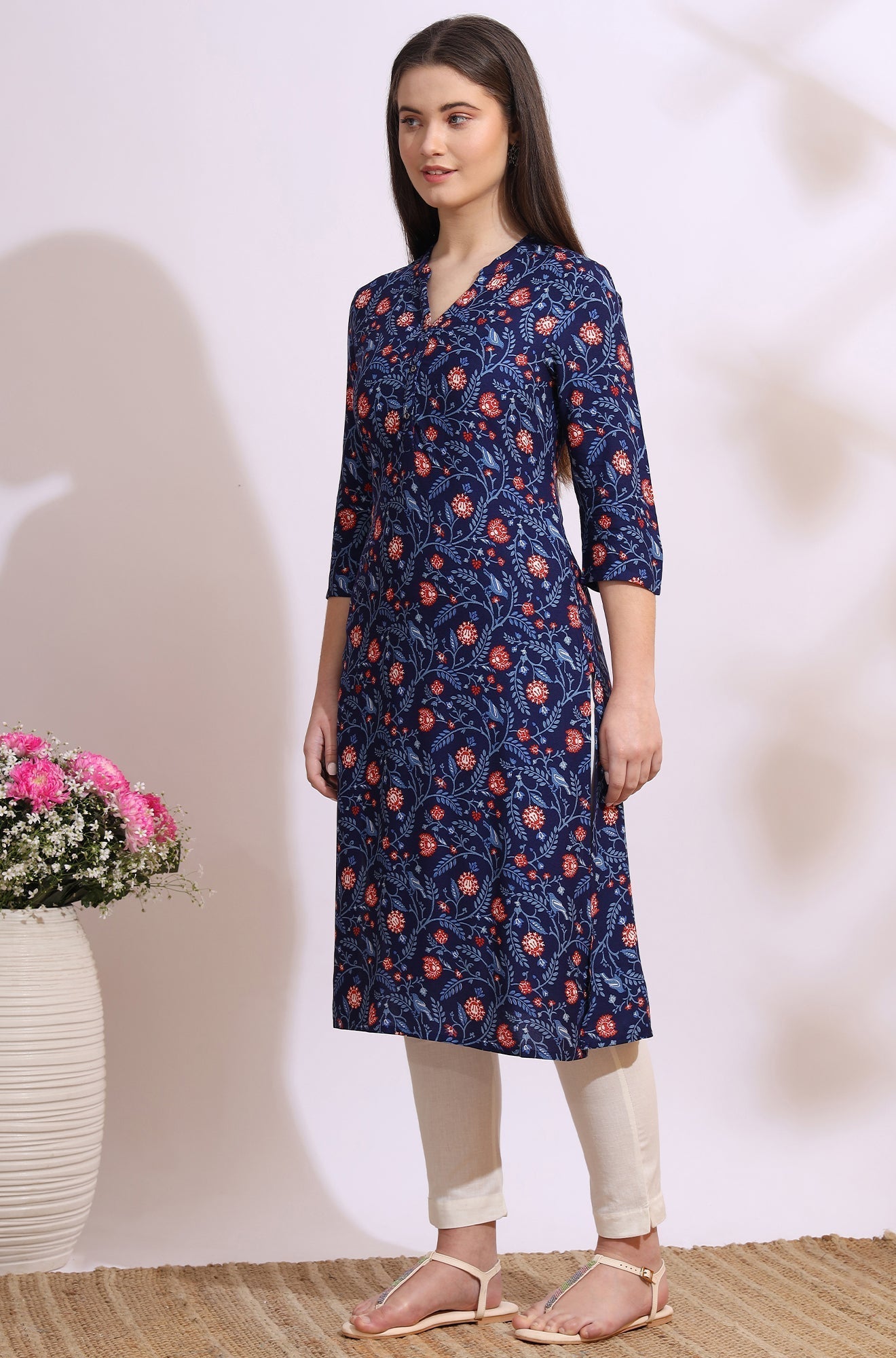W for Woman Blue Bold Floral Printed Cotton Cambric Straight Kurta