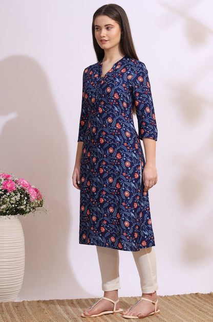 W for Woman Blue Bold Floral Printed Cotton Cambric Straight Kurta