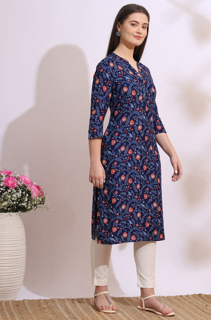 W for Woman Blue Bold Floral Printed Cotton Cambric Straight Kurta