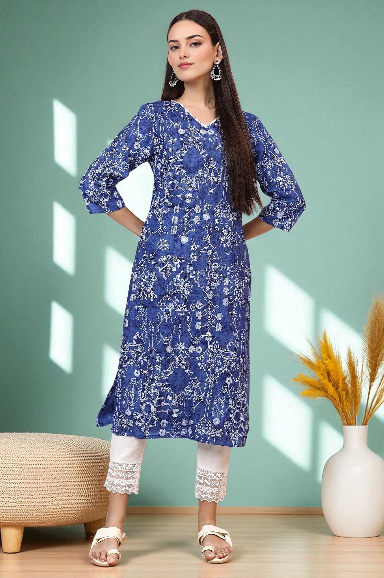 W for Woman Navy Blue Printed Rayon Straight Kurta with Lace