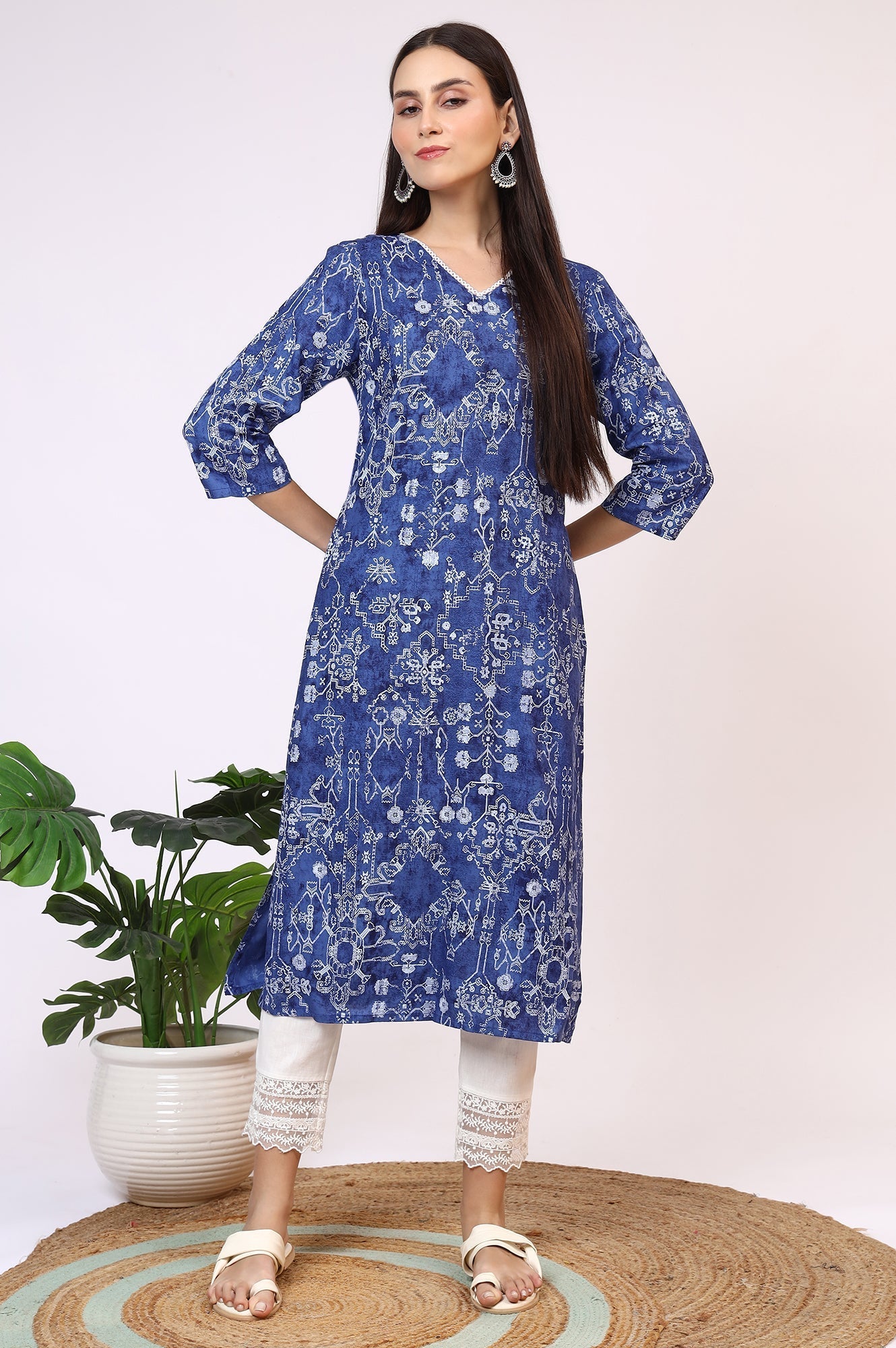 W for Woman Navy Blue Printed Rayon Straight Kurta with Lace