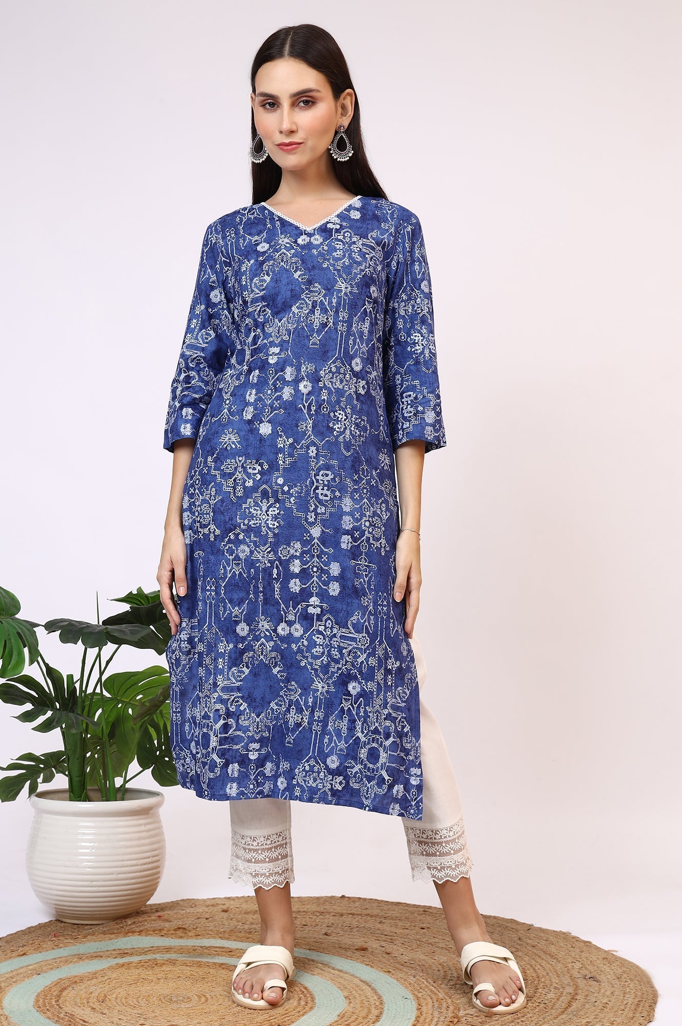 W for Woman Navy Blue Printed Rayon Straight Kurta with Lace