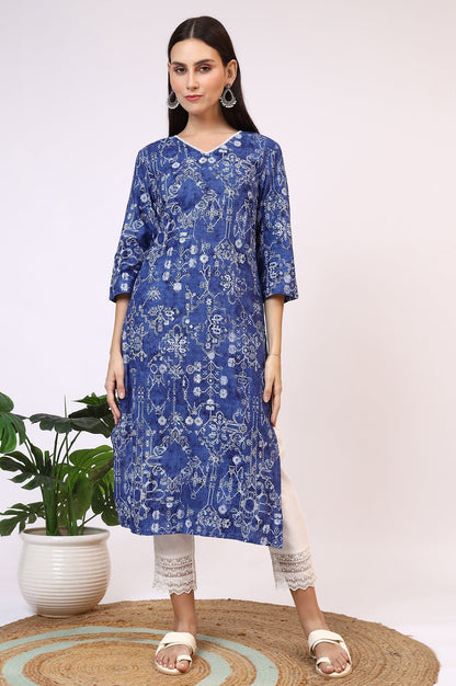 W for Woman Navy Blue Printed Rayon Straight Kurta with Lace