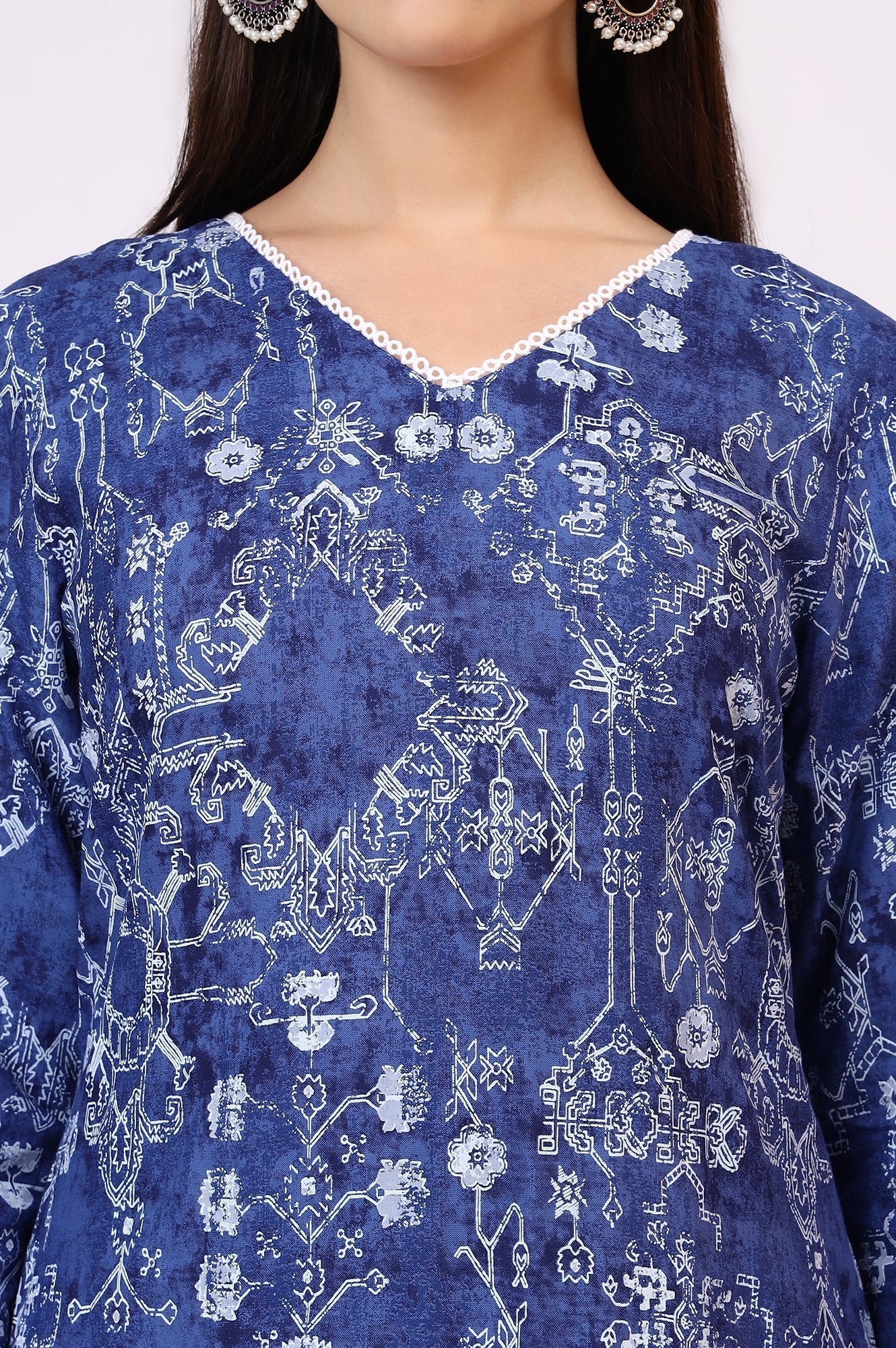 W for Woman Navy Blue Printed Rayon Straight Kurta with Lace