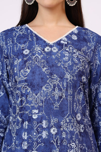 W for Woman Navy Blue Printed Rayon Straight Kurta with Lace
