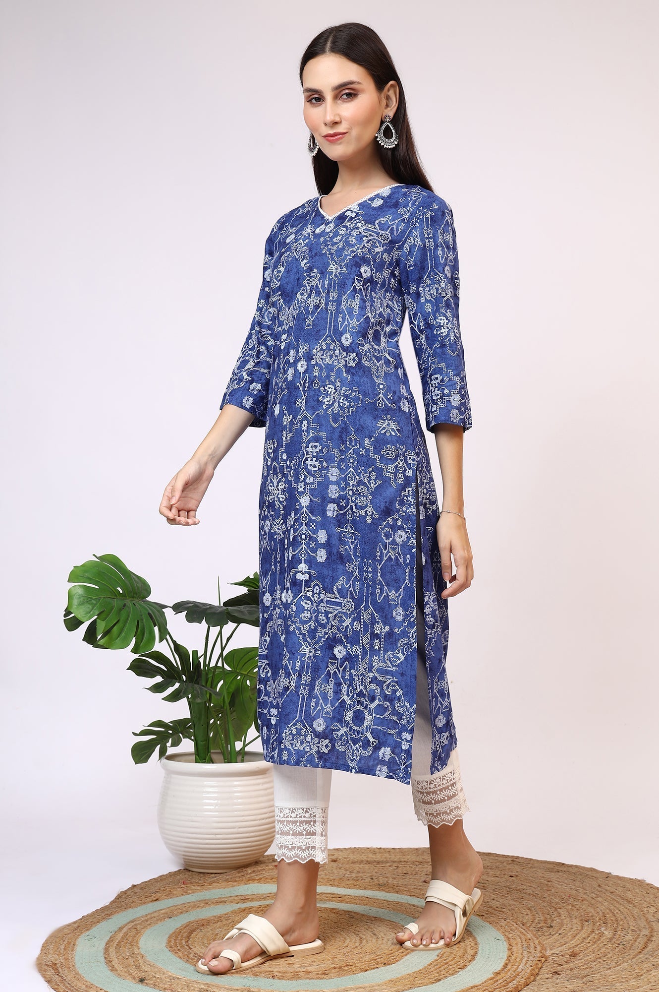 W for Woman Navy Blue Printed Rayon Straight Kurta with Lace