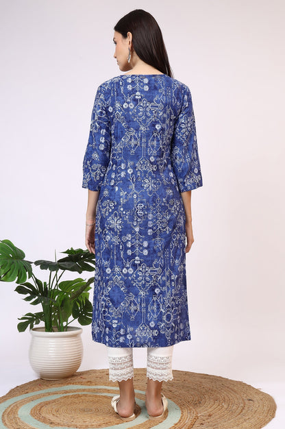 W for Woman Navy Blue Printed Rayon Straight Kurta with Lace