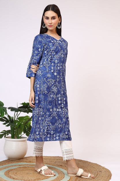 W for Woman Navy Blue Printed Rayon Straight Kurta with Lace