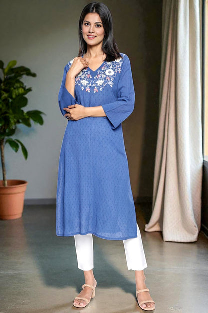 W for Woman Cobalt Blue Solid Printed Pure Cotton Straight Kurta