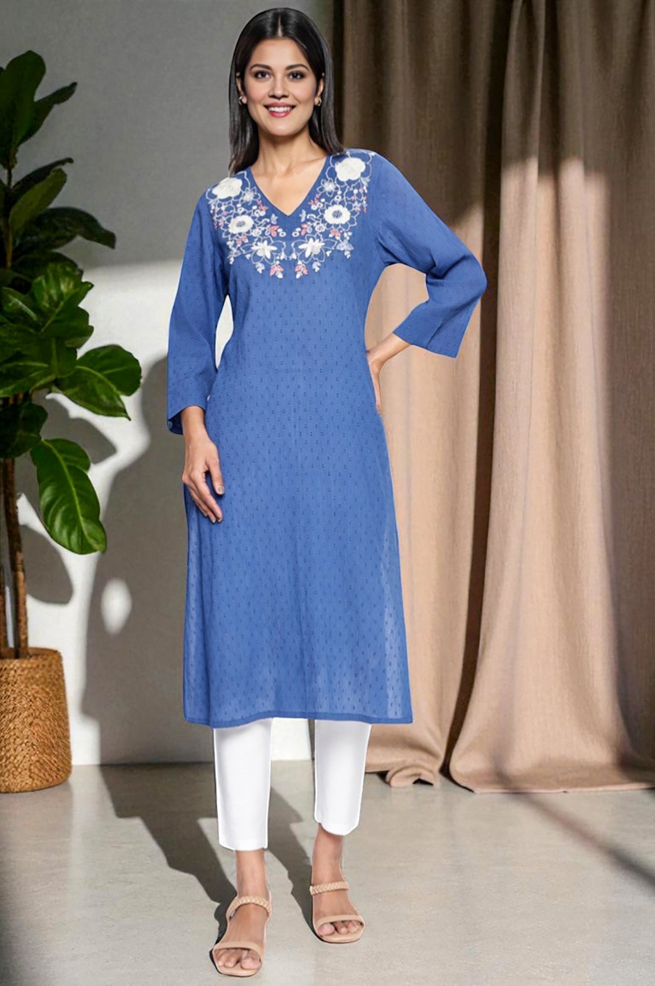 W for Woman Cobalt Blue Solid Printed Pure Cotton Straight Kurta