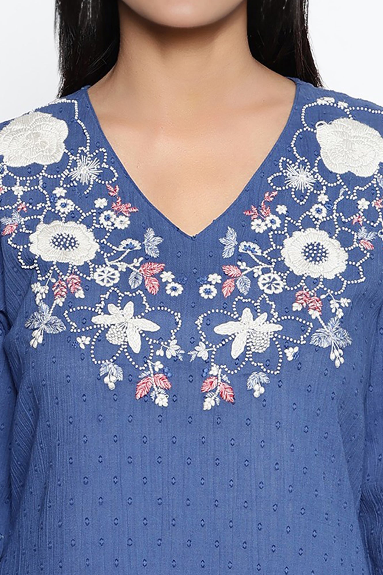 W for Woman Cobalt Blue Solid Printed Pure Cotton Straight Kurta