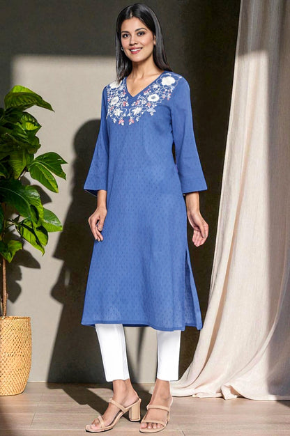 W for Woman Cobalt Blue Solid Printed Pure Cotton Straight Kurta