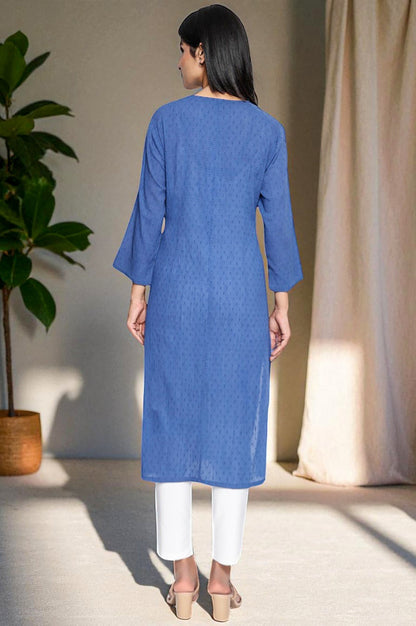W for Woman Cobalt Blue Solid Printed Pure Cotton Straight Kurta