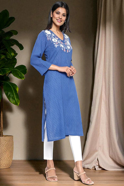 W for Woman Cobalt Blue Solid Printed Pure Cotton Straight Kurta