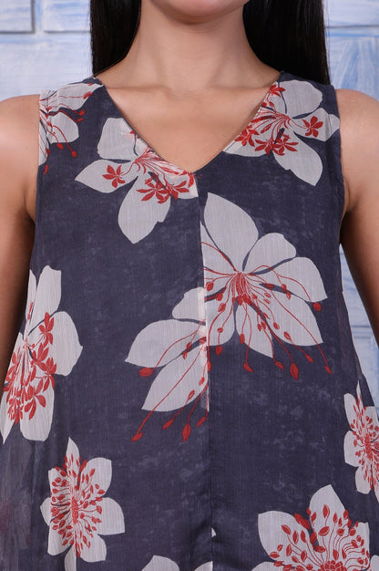 W for Woman Grey Floral Printed Silver Chiffon Flared Dress