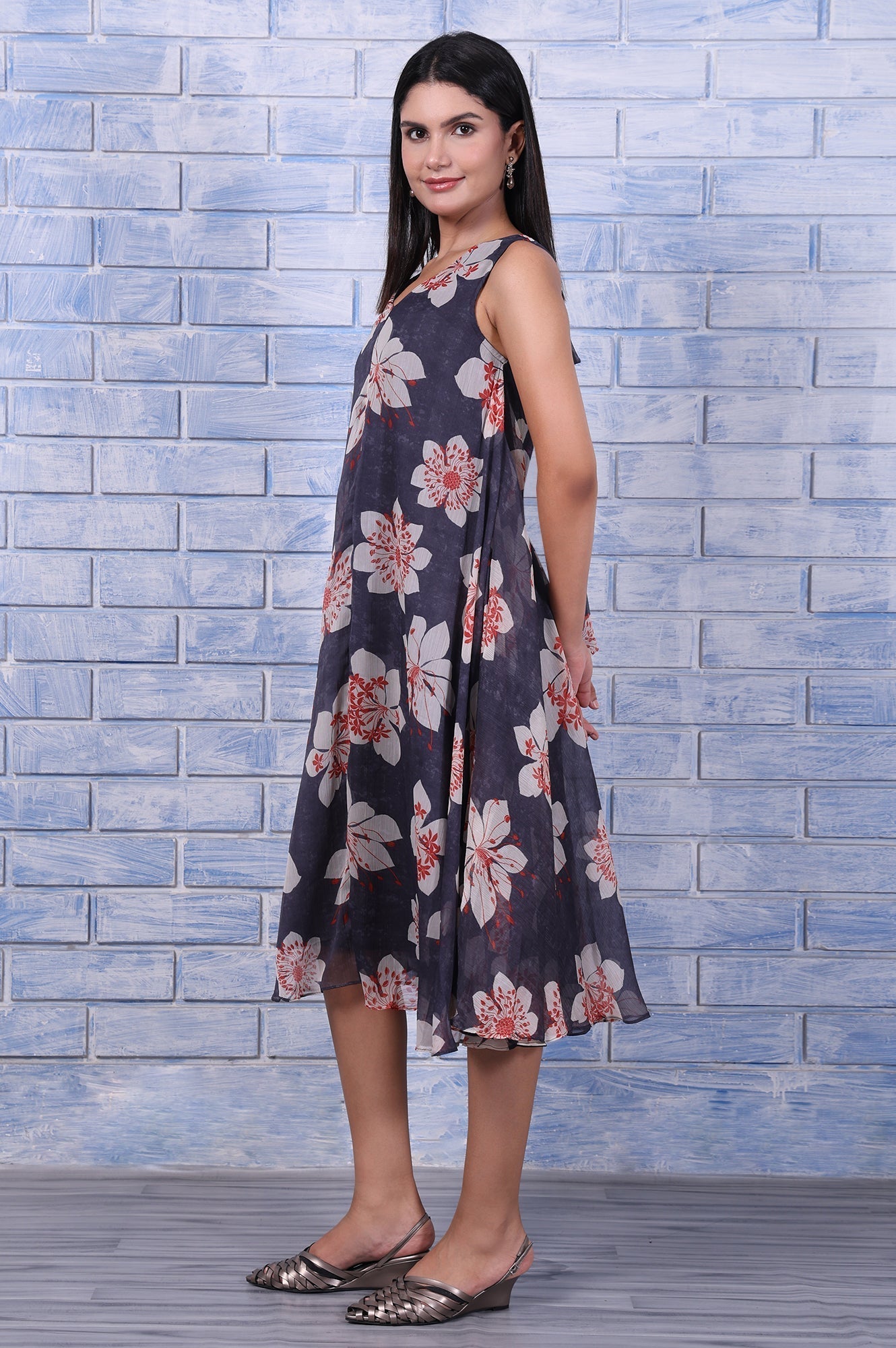 W for Woman Grey Floral Printed Silver Chiffon Flared Dress