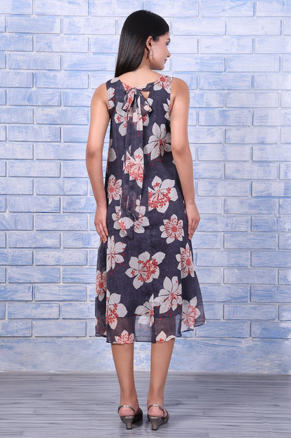 W for Woman Grey Floral Printed Silver Chiffon Flared Dress