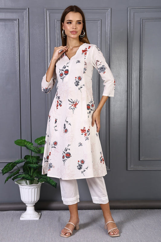 W for Woman Off White Floral Printed Pure Cotton Flared Kurta