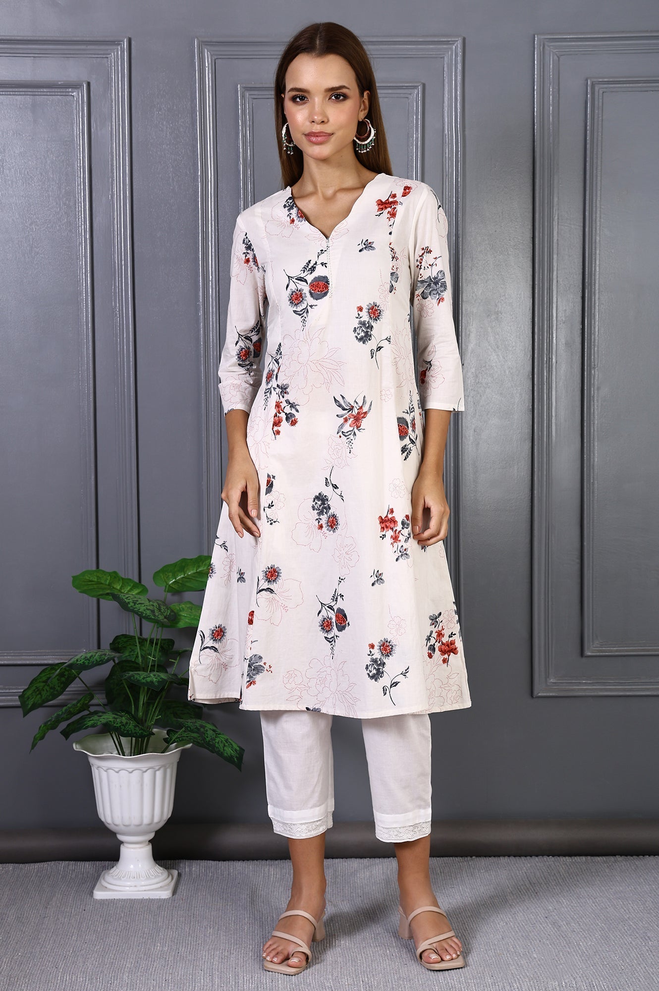 W for Woman Off White Floral Printed Pure Cotton Flared Kurta