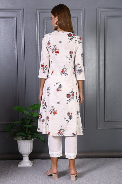 W for Woman Off White Floral Printed Pure Cotton Flared Kurta