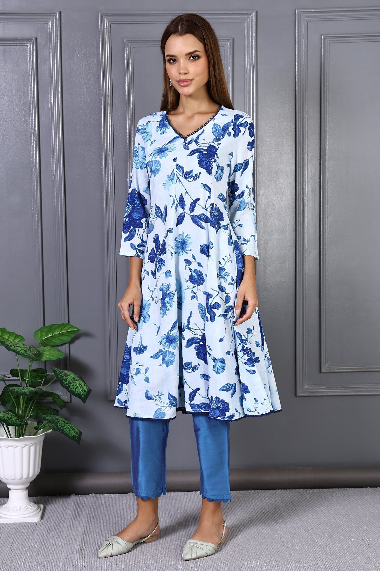 W for Woman Blue Floral Printed Lace Rayon Flared Kurta