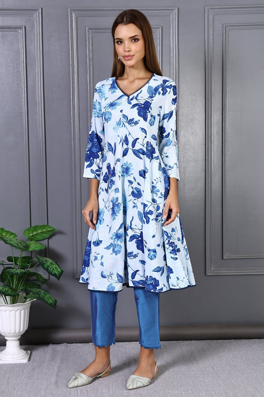 W for Woman Blue Floral Printed Lace Rayon Flared Kurta