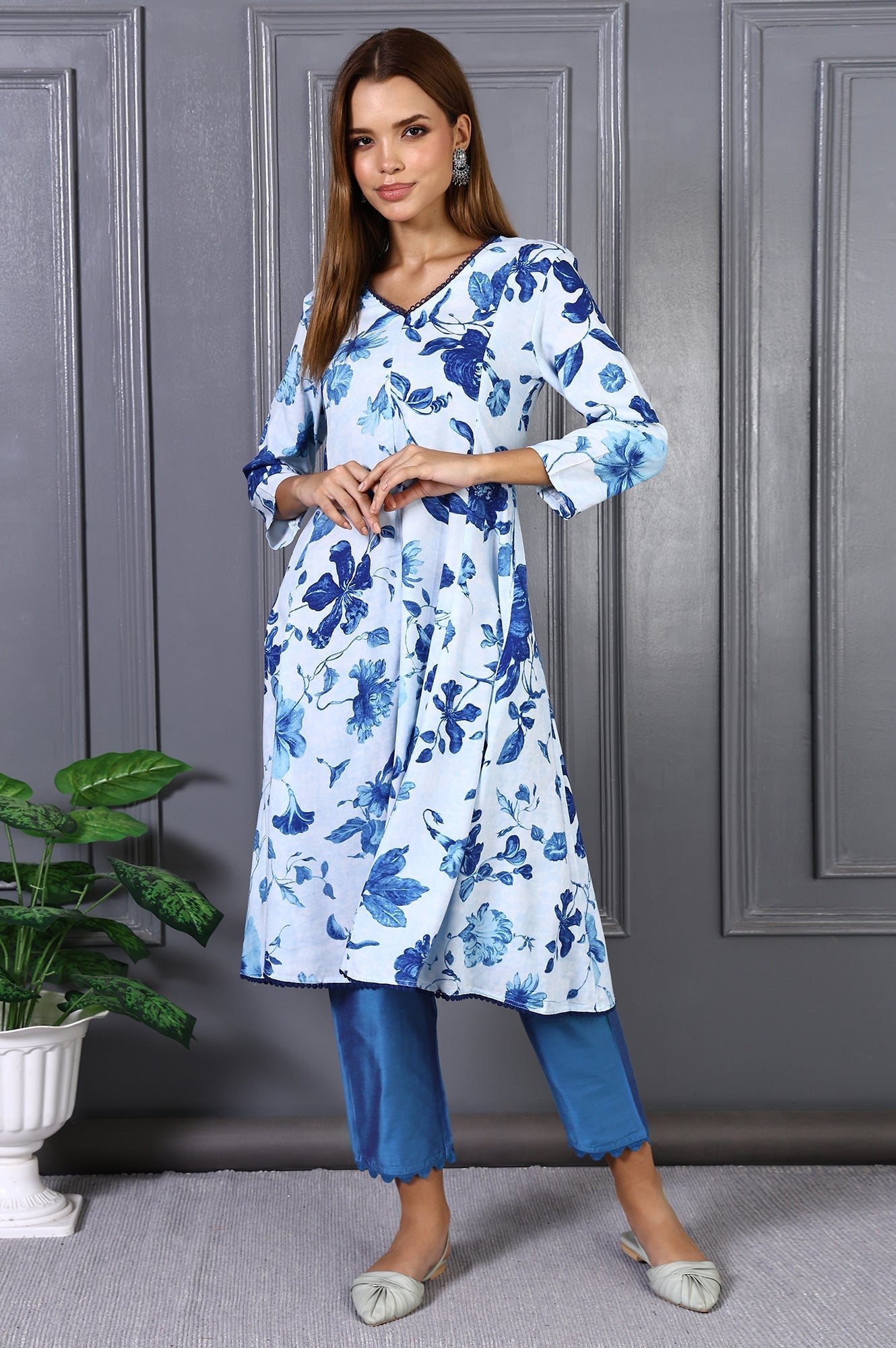 W for Woman Blue Floral Printed Lace Rayon Flared Kurta