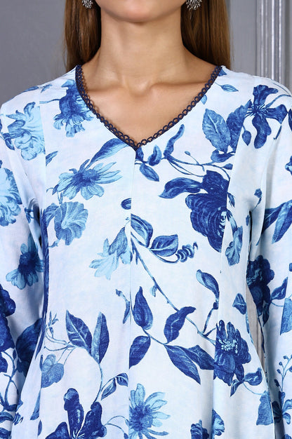 W for Woman Blue Floral Printed Lace Rayon Flared Kurta