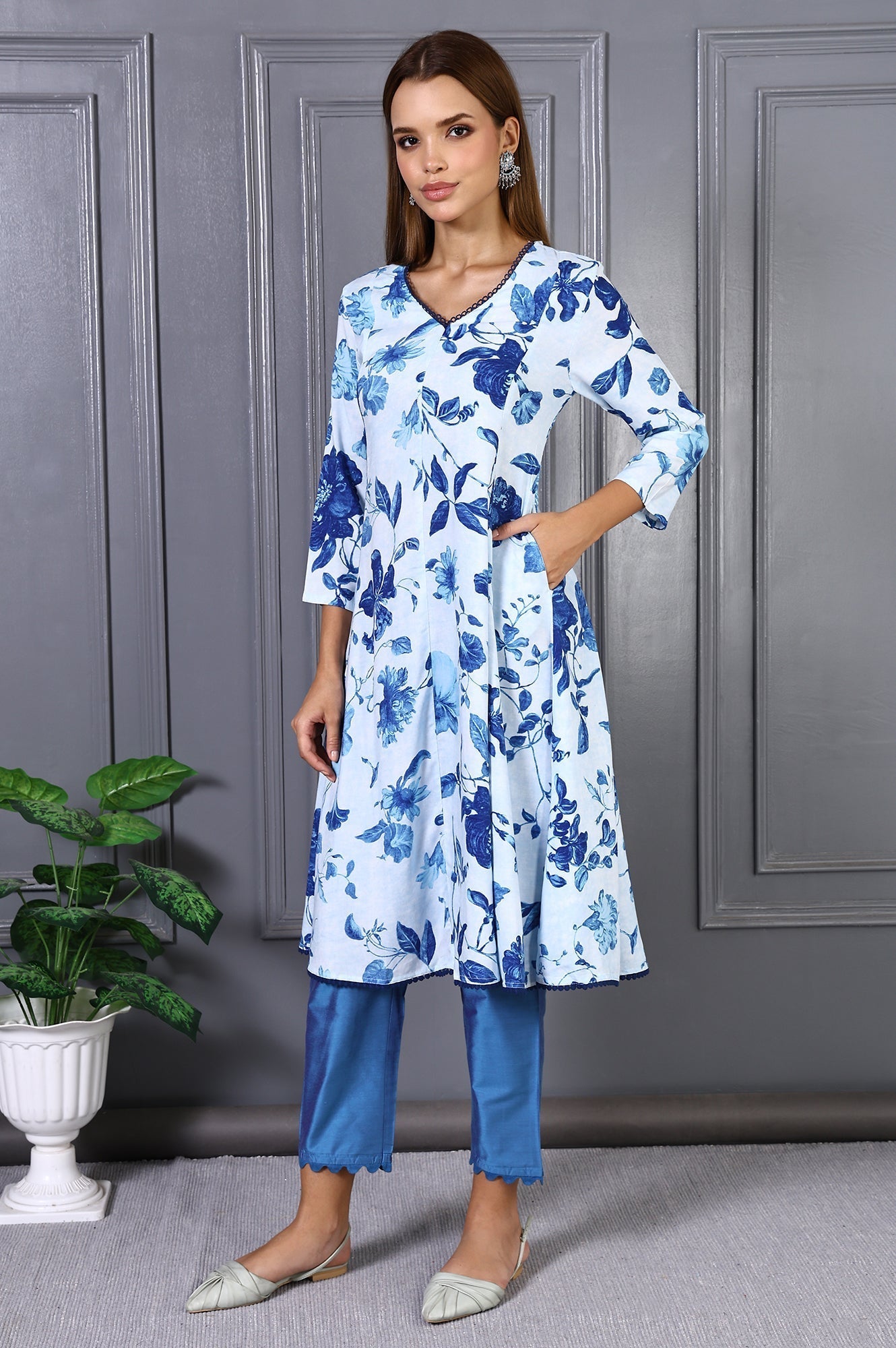 W for Woman Blue Floral Printed Lace Rayon Flared Kurta