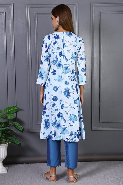 W for Woman Blue Floral Printed Lace Rayon Flared Kurta