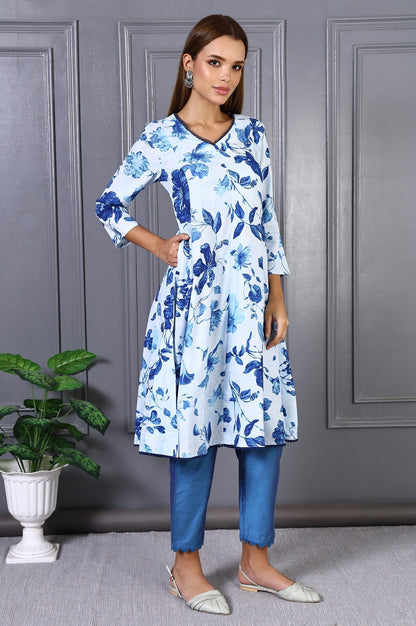 W for Woman Blue Floral Printed Lace Rayon Flared Kurta