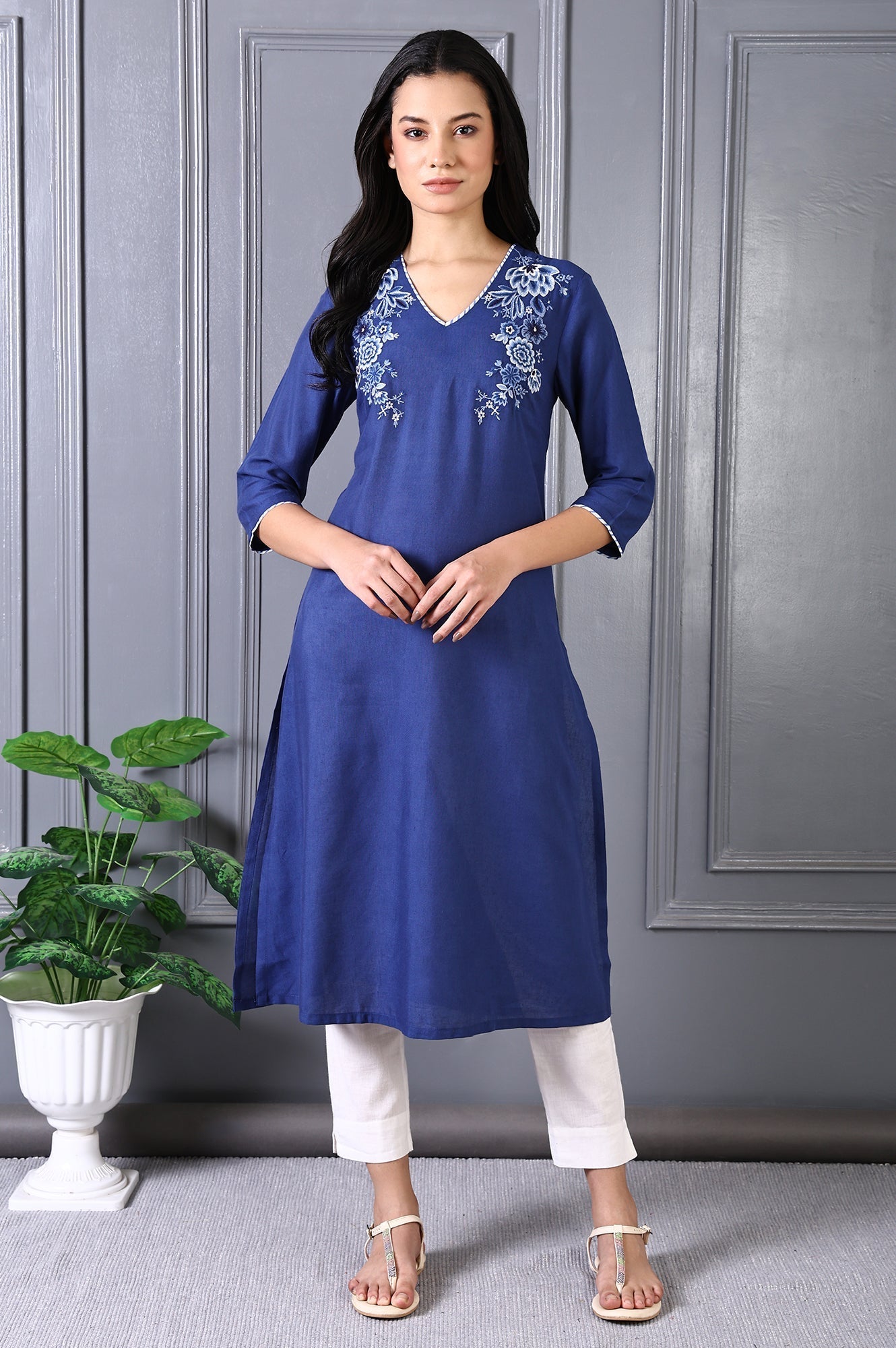 W for Woman Blue Embroidered Printed Thread Embroidery Rayon Flax A-line Kurta