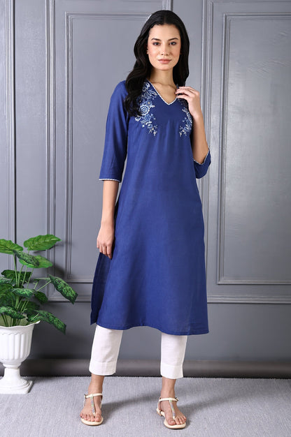 W for Woman Blue Embroidered Printed Thread Embroidery Rayon Flax A-line Kurta