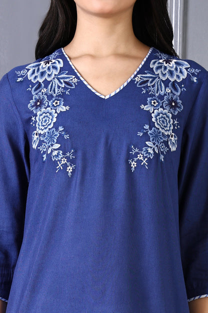 W for Woman Blue Embroidered Printed Thread Embroidery Rayon Flax A-line Kurta