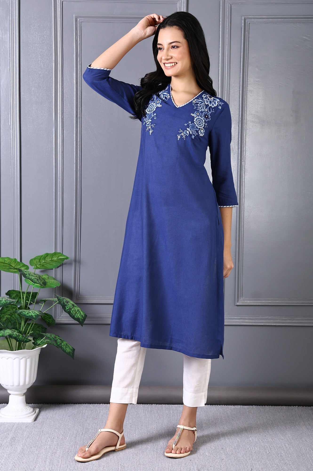 W for Woman Blue Embroidered Printed Thread Embroidery Rayon Flax A-line Kurta