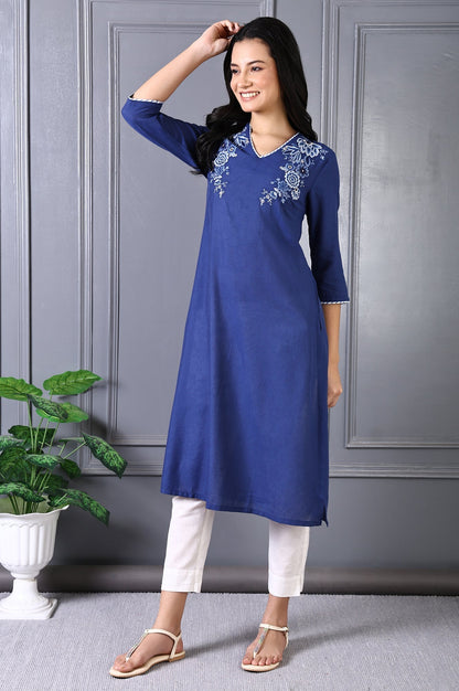 W for Woman Blue Embroidered Printed Thread Embroidery Rayon Flax A-line Kurta