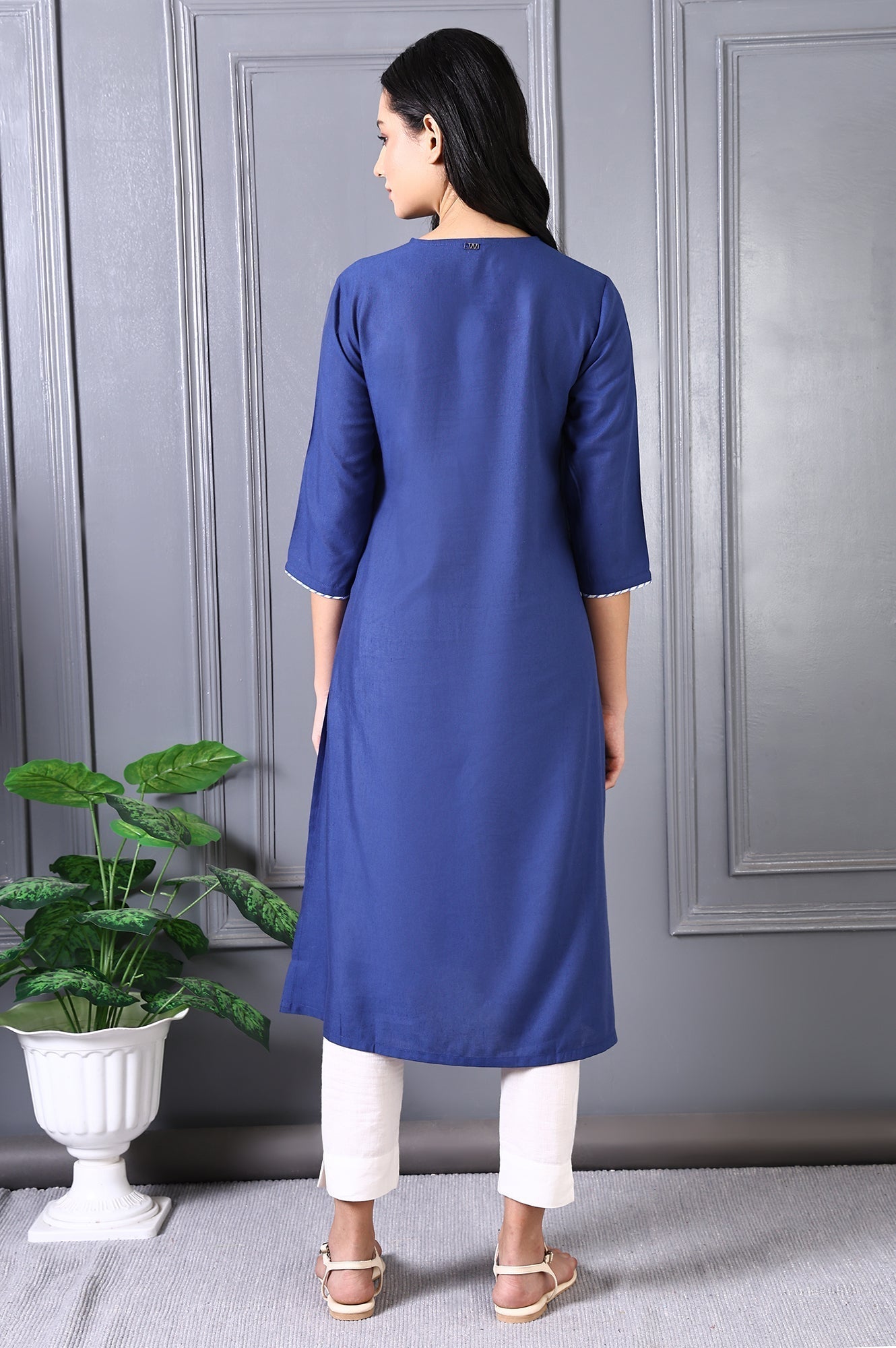 W for Woman Blue Embroidered Printed Thread Embroidery Rayon Flax A-line Kurta