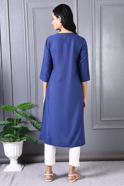 W for Woman Blue Embroidered Printed Thread Embroidery Rayon Flax A-line Kurta